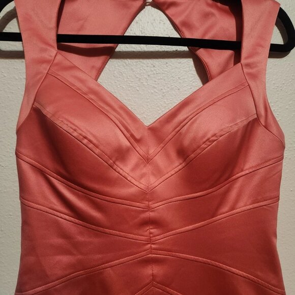Satin Coral Bodycon Dress With Back Cutout Size 4 - Picture 3 of 13